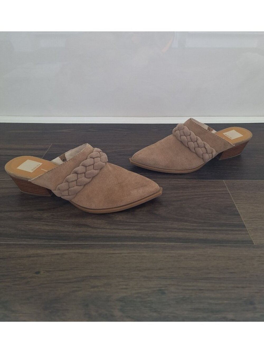 💙 Dolce Vita Faux Suede Braided Mules Size 8 Taupe Pointed Toe Low Block Heel